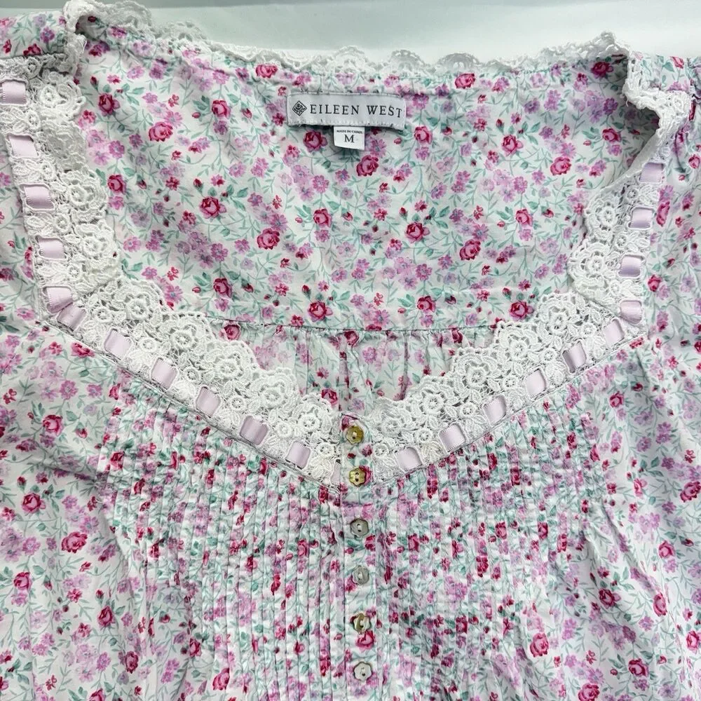 Eileen West Women’s Floral Cotton Nightgown M Pink White Lace Pintuck Button